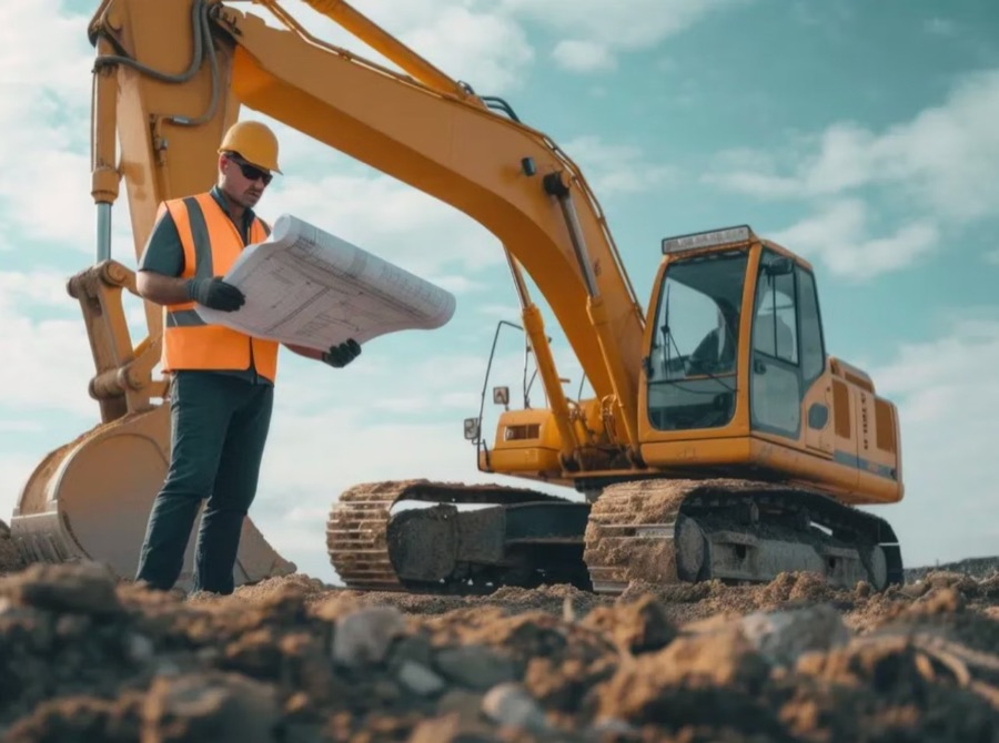 Mann mit Bauplan vor Bagger